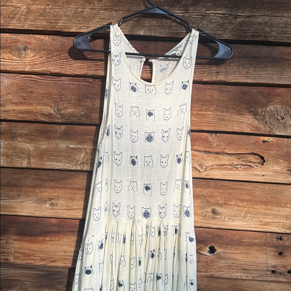 PEPALOVES ModCloth Chic Cat Print Cream Dress drop waist
